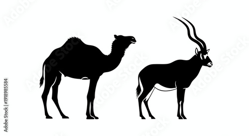 Black and white silhouette illustration of a camel and a horned oryx antelope standing together on a white background