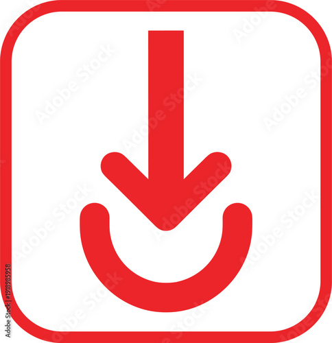 Flat vector illustration of red downward arrow icon, download symbol, semicircle base design, user interface element, modern graphic art