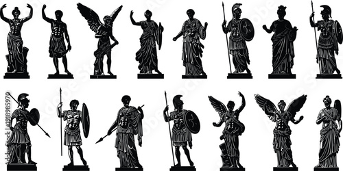 Black vector silhouette set of ancient Greek and Roman statues including mythological gods winged goddesses and armored soldiers for history education and museum branding