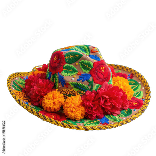 Vibrant Mexican Sombrero with Floral Embroidery and Pom-Poms, PNG with Alpha Channel