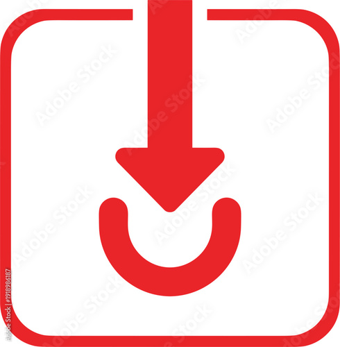 Flat vector illustration of red downward arrow icon, reset or download symbol, semicircle design, user interface element, modern graphic art