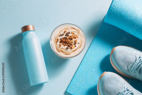 Monotone blue flat lay of workout gear and healthy yogurt bowl for active lifestyle
