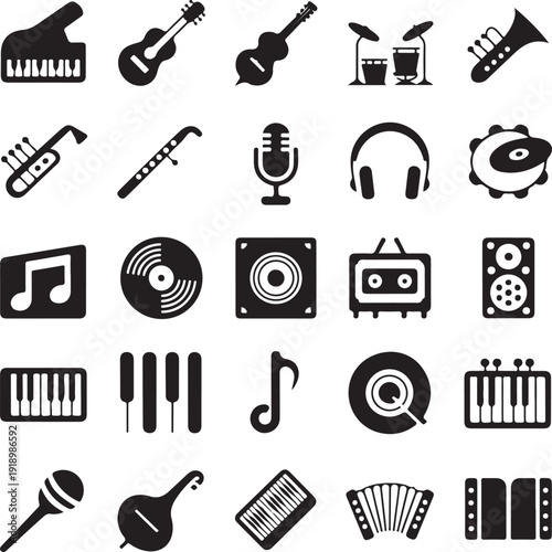 black and white music icons on white background