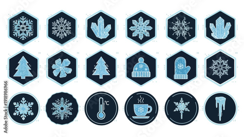 Collection of 18 winter icons in blue and black hues, featuring snowflakes, mittens, and hot beverage, on a white background.