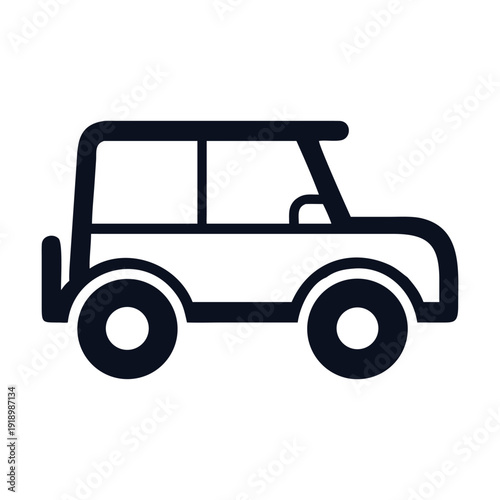 A stylized black and white illustration of a classic jeep vehicle.

