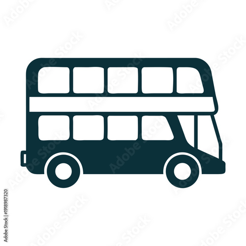 A stylized icon of a double-decker bus in a dark blue color

