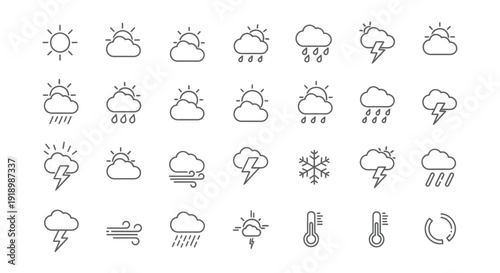 Collection of simple weather icons representing various conditions like rain, snow, and sunshine in a minimalist style via ImageFX
