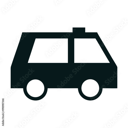 A stylized black and white icon of a taxi cab with a roof light.

