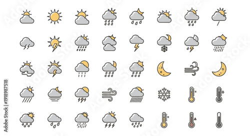 Collection of weather icons depicting various conditions such as sun, clouds, rain, and wind in a simple illustration style