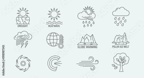 Illustration of various weather conditions including drought, heatwave, rain, and climate change effects like polar melt and global warming