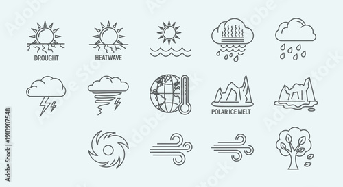 Collection of weather and climate icons representing various natural phenomena and environmental conditions illustrated in a simple line art style