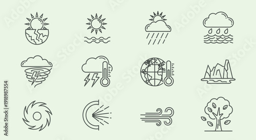 Assorted weather and natural disaster icons representing various environmental phenomena and global conditions in simple illustrations