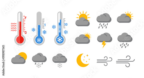 Weather forecast icons illustrating various temperature and climate conditions with clouds, sun, moon, and wind symbols.