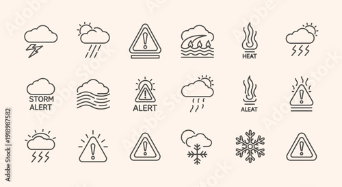 A collection of weather warning icons featuring storm, alert, rain, snow, and fire symbols