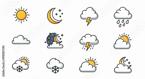 Assorted Weather Conditions Illustrated with Simple Icons Representing Various Climatic Phenomena