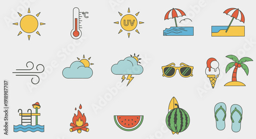 Summer Vacation Icons Featuring Sun, Beach, Weather, Fruits, and Leisure Activities via ImageFX