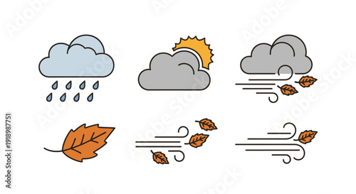 Weather forecast icons illustrating rain, sunshine, wind, and autumn leaves in a stylized eps format via imagefx_6haxv6