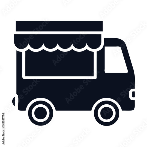 A blue and white food truck parked on a city street, ready to serve customers.

