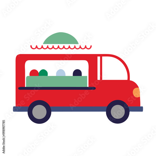 A vibrant and inviting red ice cream truck parked on a sunny day

