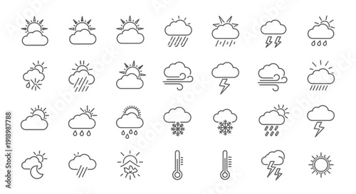 Collection of weather icons representing various weather conditions and symbols in a minimalist style, similar to imagefx_fm2jvn_via_RJ_ImageFX_Auto.eps