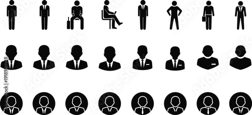 Black vector silhouette set of professional businessmen and corporate icons including full body poses and male avatar profiles for business and workplace branding