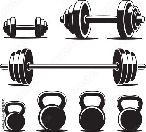 Black and white silhouette illustrations of various gym equipment  dumbbells and kettlebells