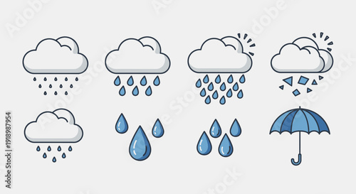 Weather Forecast Illustrations Featuring Clouds, Rain, Storms, Umbrella, and Droplets via ImageFX Auto