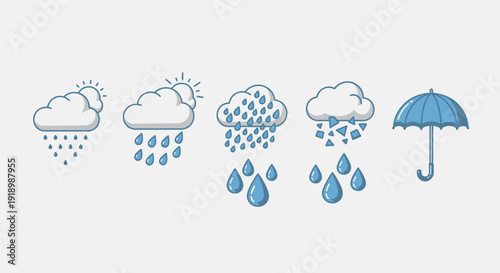 Weather Icons Featuring Clouds and Rain with Umbrella Illustration