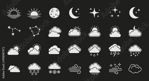 Collection of weather icons including sun, moon, clouds, and stars on a dark background via ImageFX Auto effects