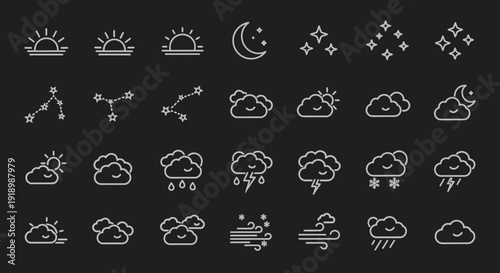 Collection of weather icons representing various conditions and symbols in a simple line style on a dark background via ImageFX