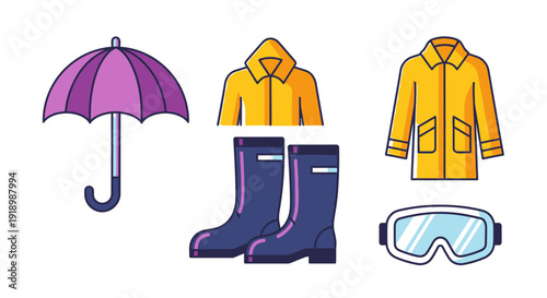 Rainy day essentials including umbrella, raincoat, boots, and goggles for a wet weather adventure