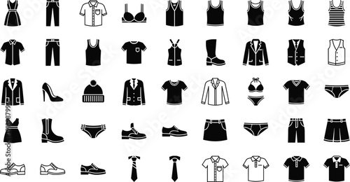 Black vector silhouette set of various clothing items and accessories including shirts pants dresses shoes suits and underwear for fashion retail and apparel branding