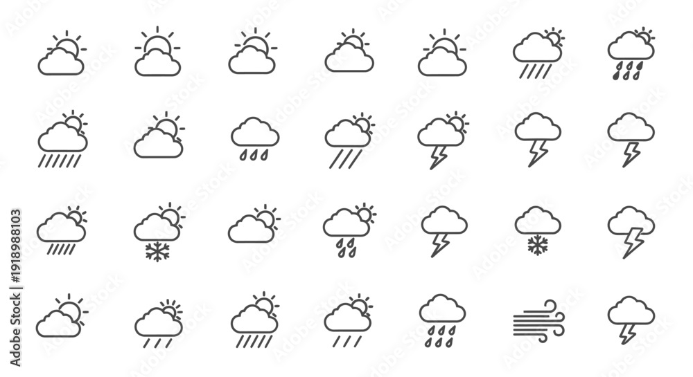 Obraz premium Collection of weather icons depicting various conditions via ImageFX Auto in eps format