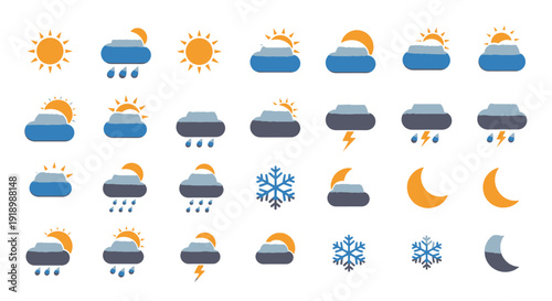 Collection of weather icons depicting various conditions like sun, clouds, rain, and snow via ImageFX