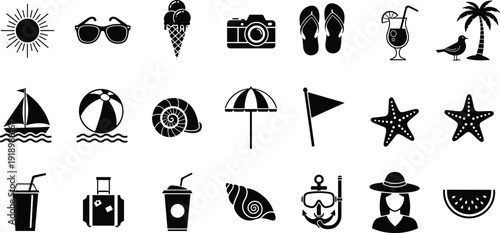Black vector silhouette set of summer vacation icons including sunglasses ice cream camera flip flops beach ball palm tree and sun for travel brandingvvv