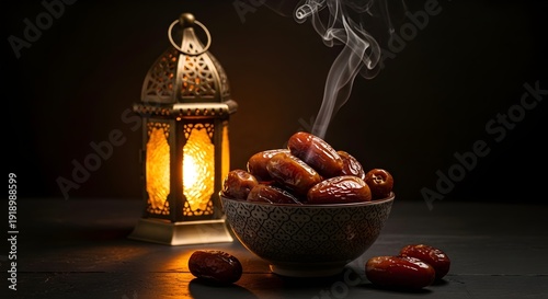 Dark Moody Ramadan Iftar Scene with Dates, Lantern and Atmospheric Smoke