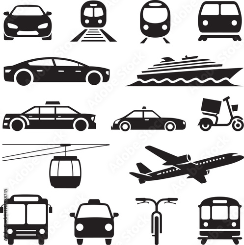 Collection of transportation icons cars, train, subway, boat, airplane, scooter, cable car, bicycle