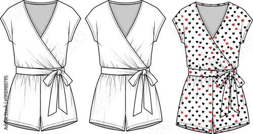 Flat vector illustration of women’s romper design, V-neck wrap front, short sleeves, waist tie belt, patterned hearts, fashion garment sketch