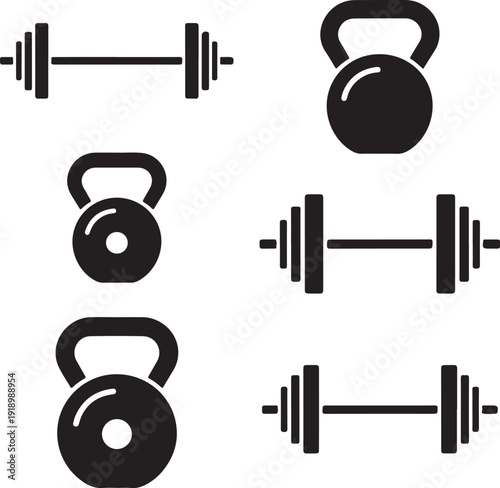 Black icons of dumbbells and kettlebells for fitness and exercise
