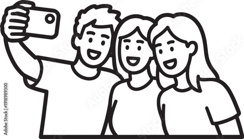 Vector illustration of three friends taking a selfie together.