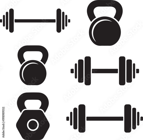 black icons of dumbbells and kettlebells for fitness and gym  simple weightlifting equipment