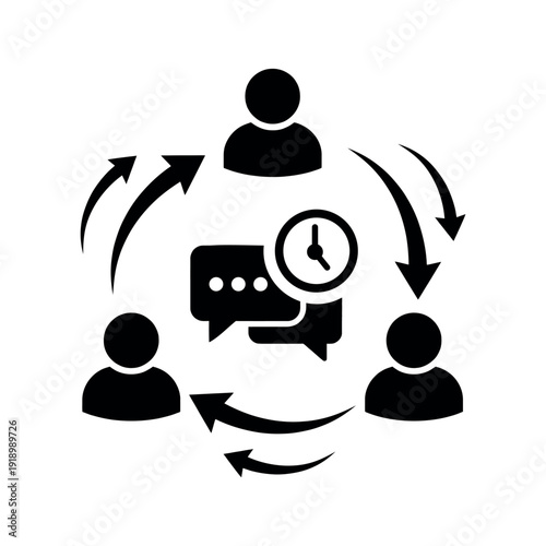 Team collaboration communication network with people icons and clock symbol