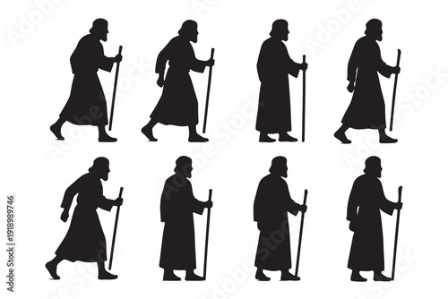 Black silhouettes of a hooded figure walking with a staff in a sequence of eight frames