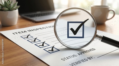 Document Verification Concept with Magnifying Glass and Check Mark for Business Compliance and Approval, document verification, approval concept, compliance concept, business rules, company policy.