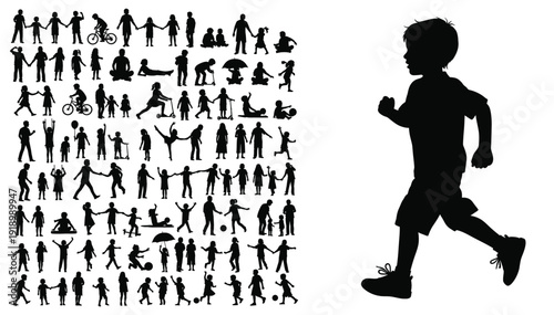 Silhouettes of people engaged in various activities with a prominent running boy