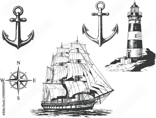 Nautical Illustration: Sailboat, Lighthouse, Anchors, Compass