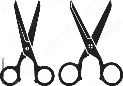 Black and white illustration of two open scissors, representing cutting, tailoring, and crafting activities.