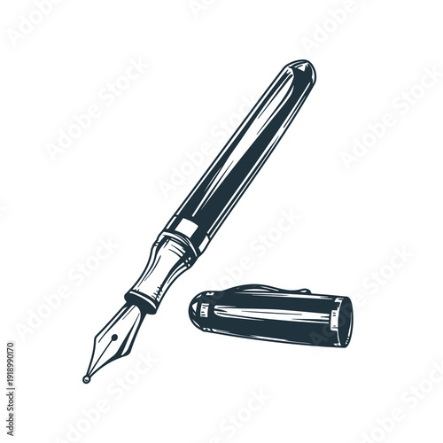Vintage fountain pen sketch with cap. Hand drawn sketch style design retro drawing. Vector illustration isolated on white background.