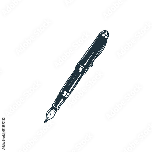 Vintage fountain pen sketch with cap. Hand drawn sketch style design retro drawing. Vector illustration isolated on white background.