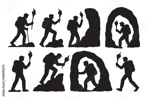 Set of black silhouettes of explorers with torches climbing mountains and entering caves